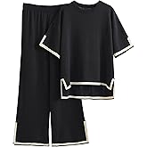 Faleave Womens Knit 2 Piece Sweater Sets Short Sleeve Pullover Tops Elastic Waist Wide Leg Pants Lounge Set
