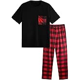 Verdusa Men's 2 Piece Loungewear Pajama Set Plaid Print Short Sleeve Tee Top and Pants Set