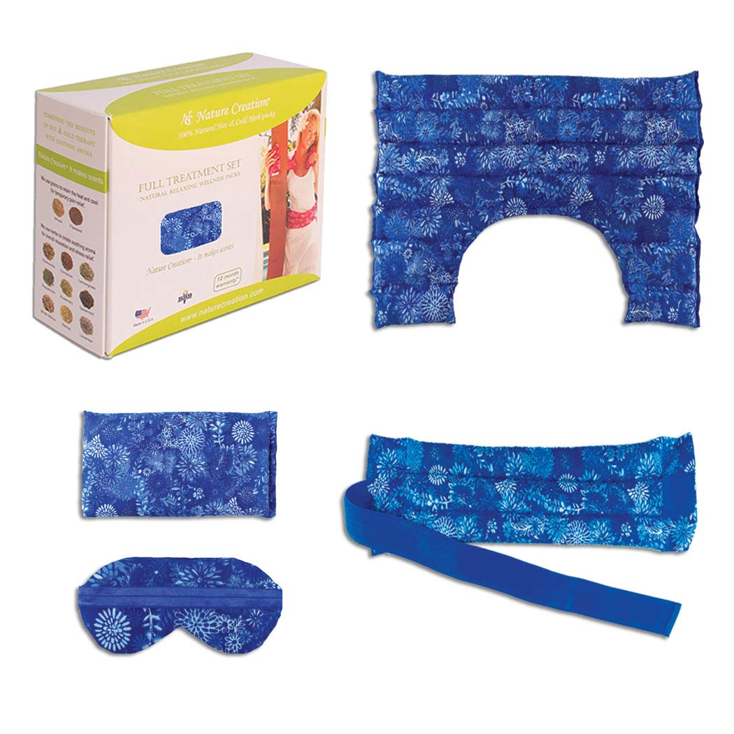Nature CreationMicrowavable Heating Pads Full Set - Microwave Heating Pad for Cramps & Back Pain + Neck and Shoulders Heating Pad + Lavender Eye Mask + Sinus Relief Pad - Blue Flowers 1 Set of 4