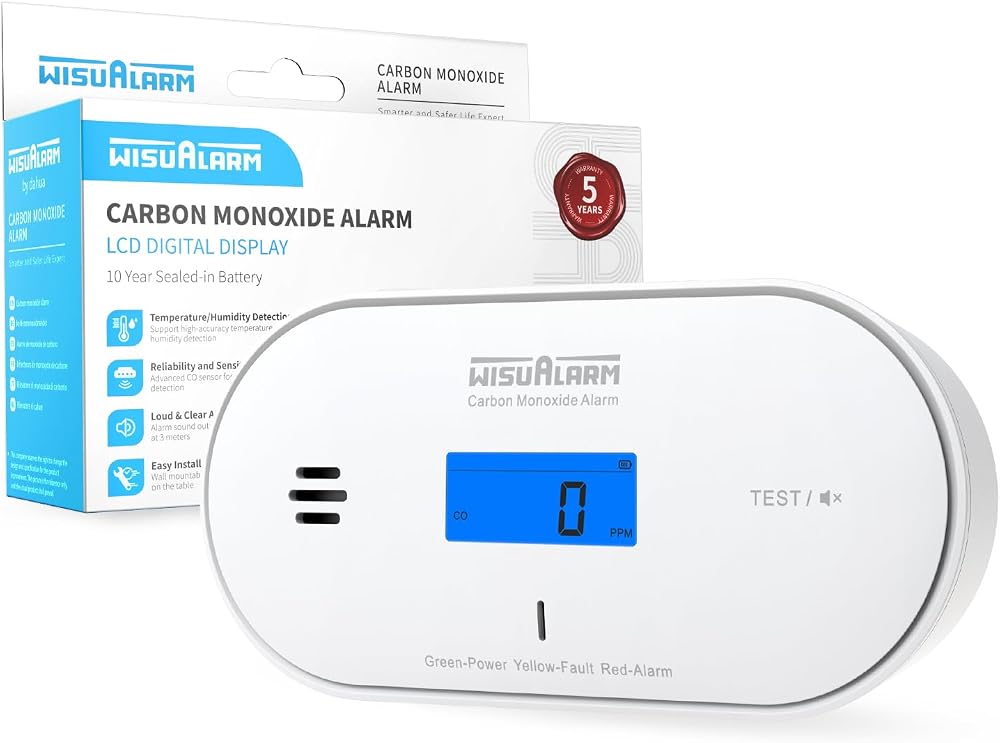 WISUALARM Carbon Monoxide Detector with 10 Year Sealed Battery LCD Display