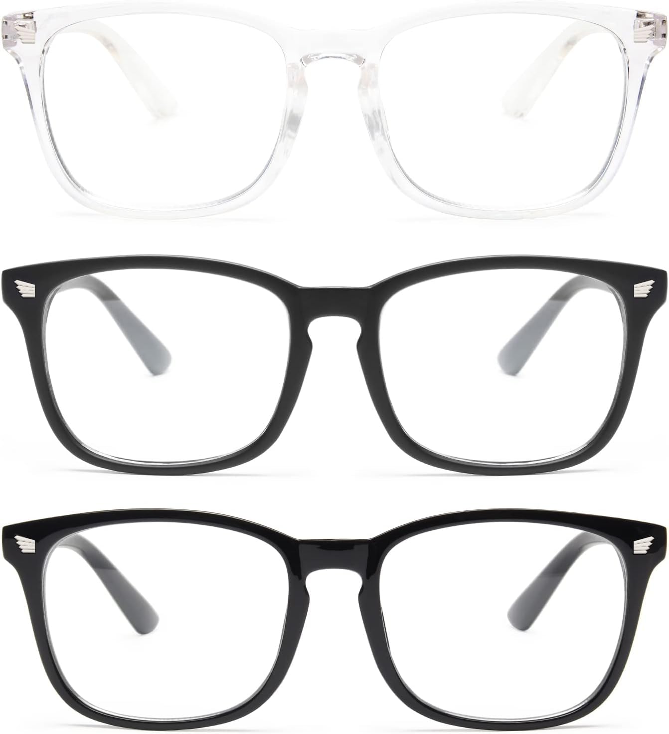 Photo 1 of 3-Pack Blue Light Blocking Glasses for Men Women, Fashion Square Fake Nerd Eyeglasses Frame Anti UV Ray Filter Computer Gaming Glasses (Light Black+Matte Black+Transparent)