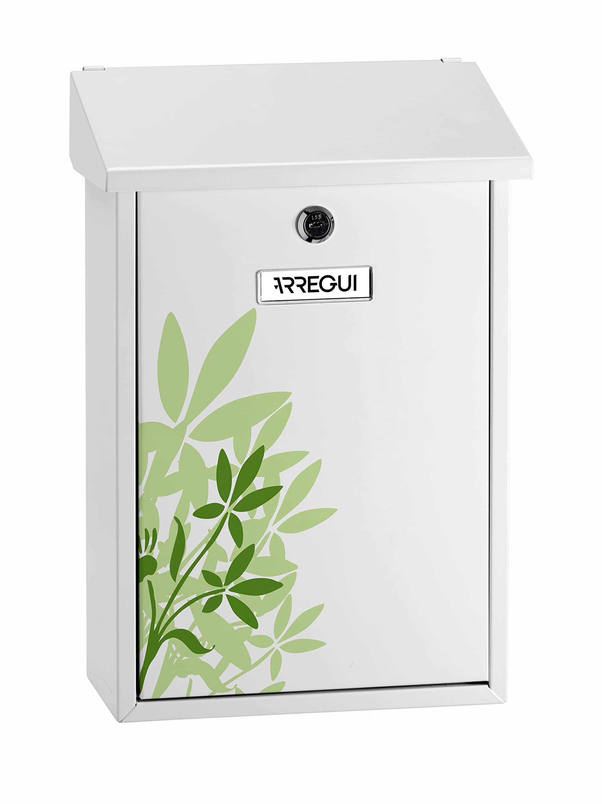 ARREGUI Premium E5608 Galvanised Steel Letterbox with Screen Printed Painted Leaves - Blossom Motif Size M (A4 Post) Wall Mounted Letterbox for Outdoor Use with Flap White with Green