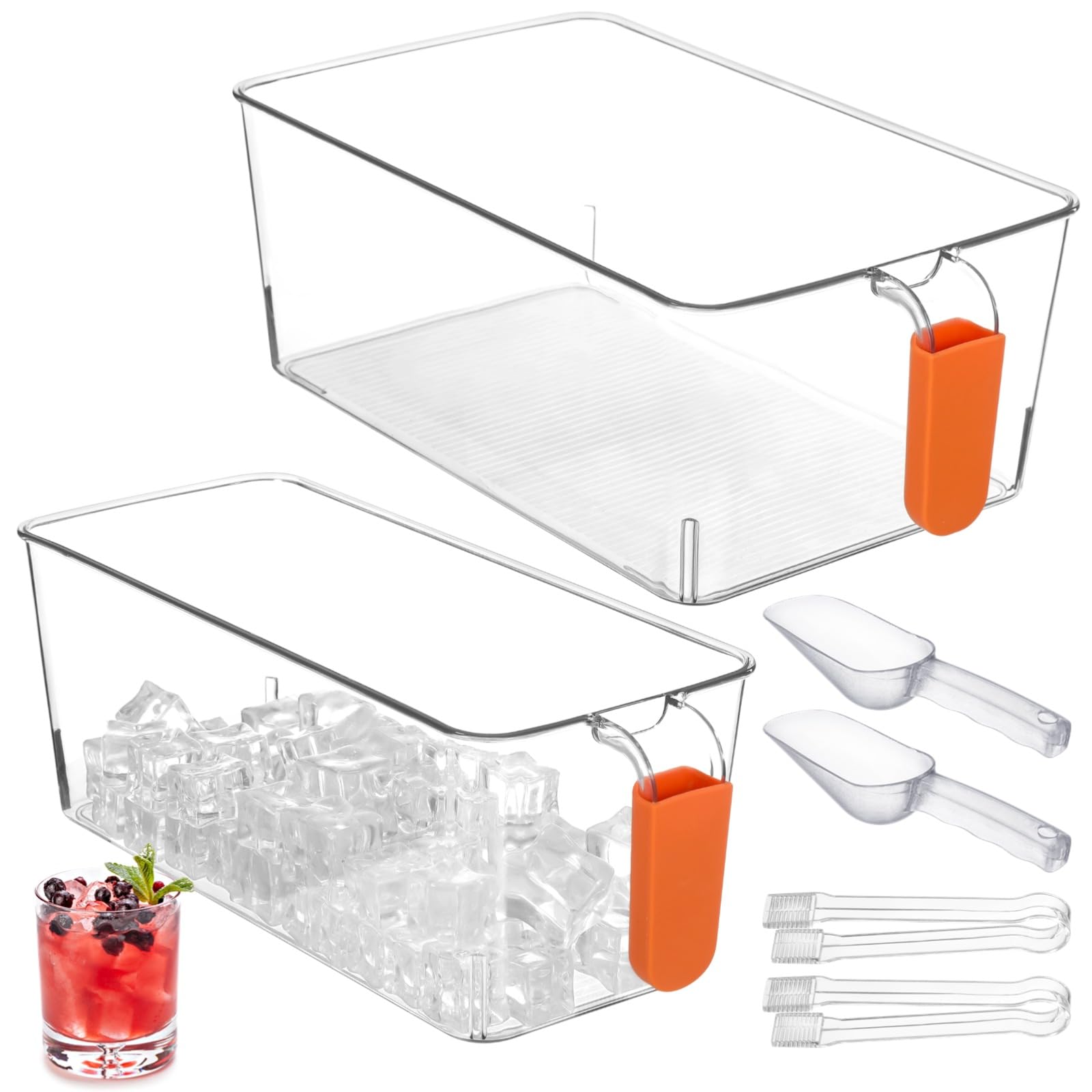 Photo 1 of 2 PCS Ice Bin with Scoop and Tong, Ice Bucket with Pull-out Handle for Freezer, 2 Sizes Clear Plastic Ice Container for DIY Drink Summer Party, 12.2 x 6.9 x 4.3 in, 12.2 x 4.9 x 4.3 in