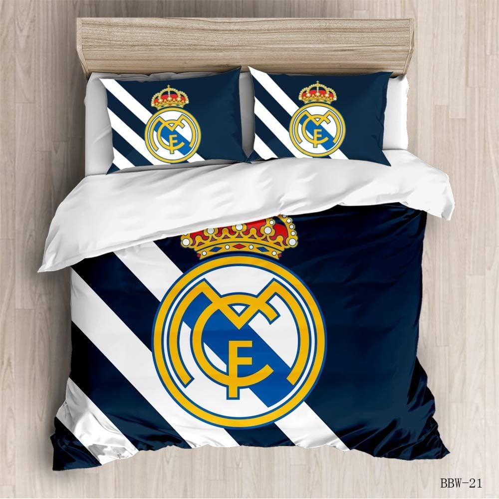 Vampsky Real Madrid Club de Fútbol Teenagers Household Bedding 3 Piece Set With Zipper Closure, 100% Microfiber Soccer Kingdom Team Fanatic 3D Print 1 Duvet Cover 2 Pillow Shams Christmas Bedding, Twi