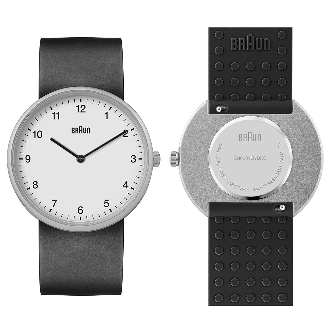 Braun 2-Hand Analogue Quartz Watch, White Dial and Grey Silicone Rubber Strap with Additional Black Silicone Rubber Strap, Quick-Release Spring Bars, 38mm, Model BN0281GYBKG.
