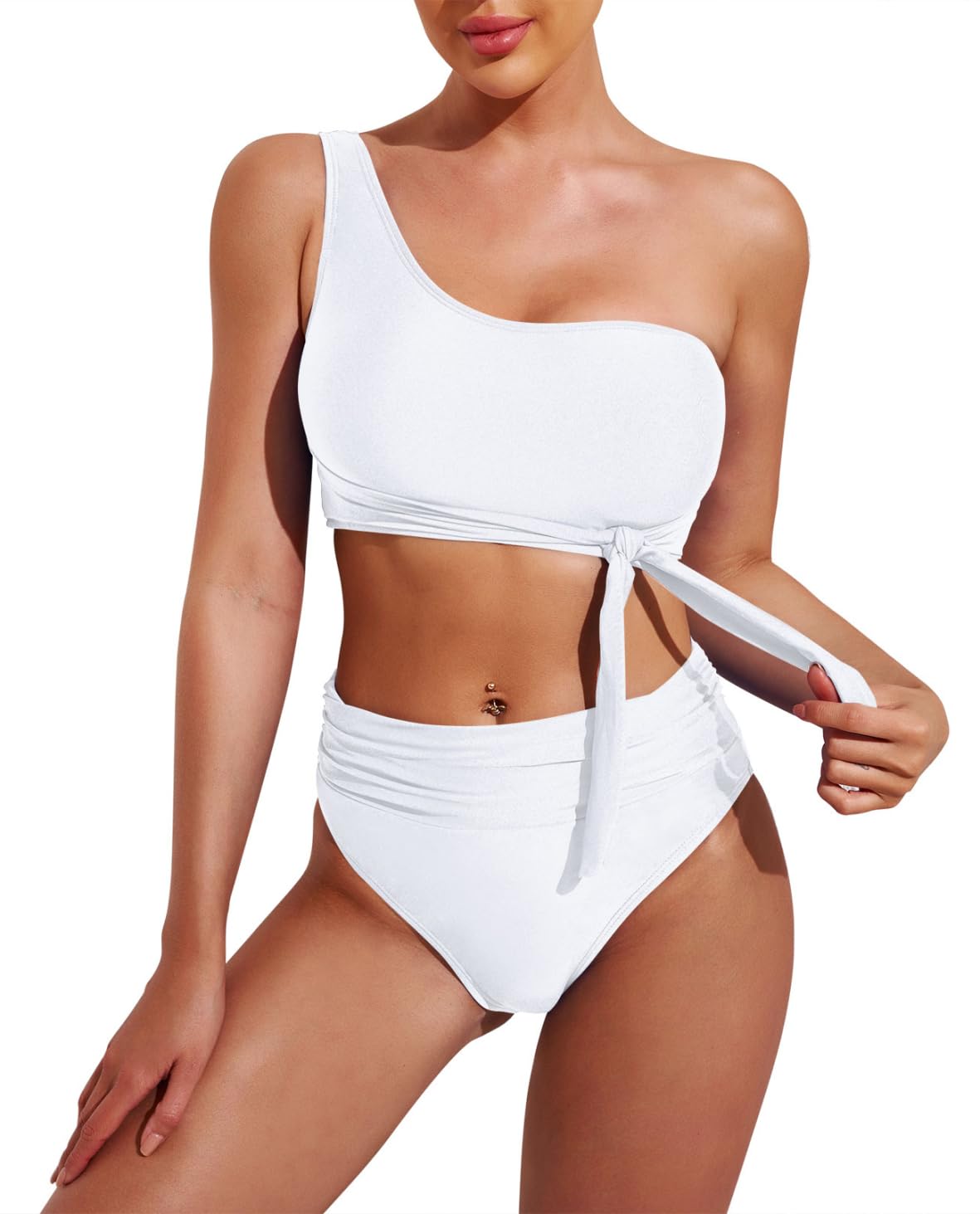 Photo 1 of *TOP ONLY* Pink Queen Women's One Shoulder High Waisted Bikini Set Tie High Leg Two Piece Swimsuit Bathing Suit White S