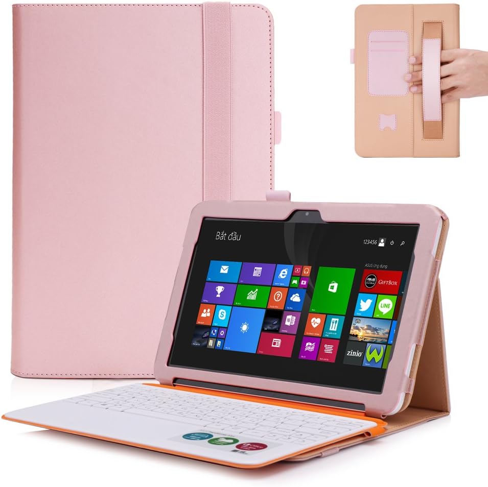 Jasilon ASUS Transformer Mini T102HA Case-Premium PU Leather Case with [Hand Strap] [Card Slots] Smart Cover Stand Case for ASUS 10.1" Transformer Mini T102HA-D4 -GR 2 in 1 Touchscreen Laptop-Pink