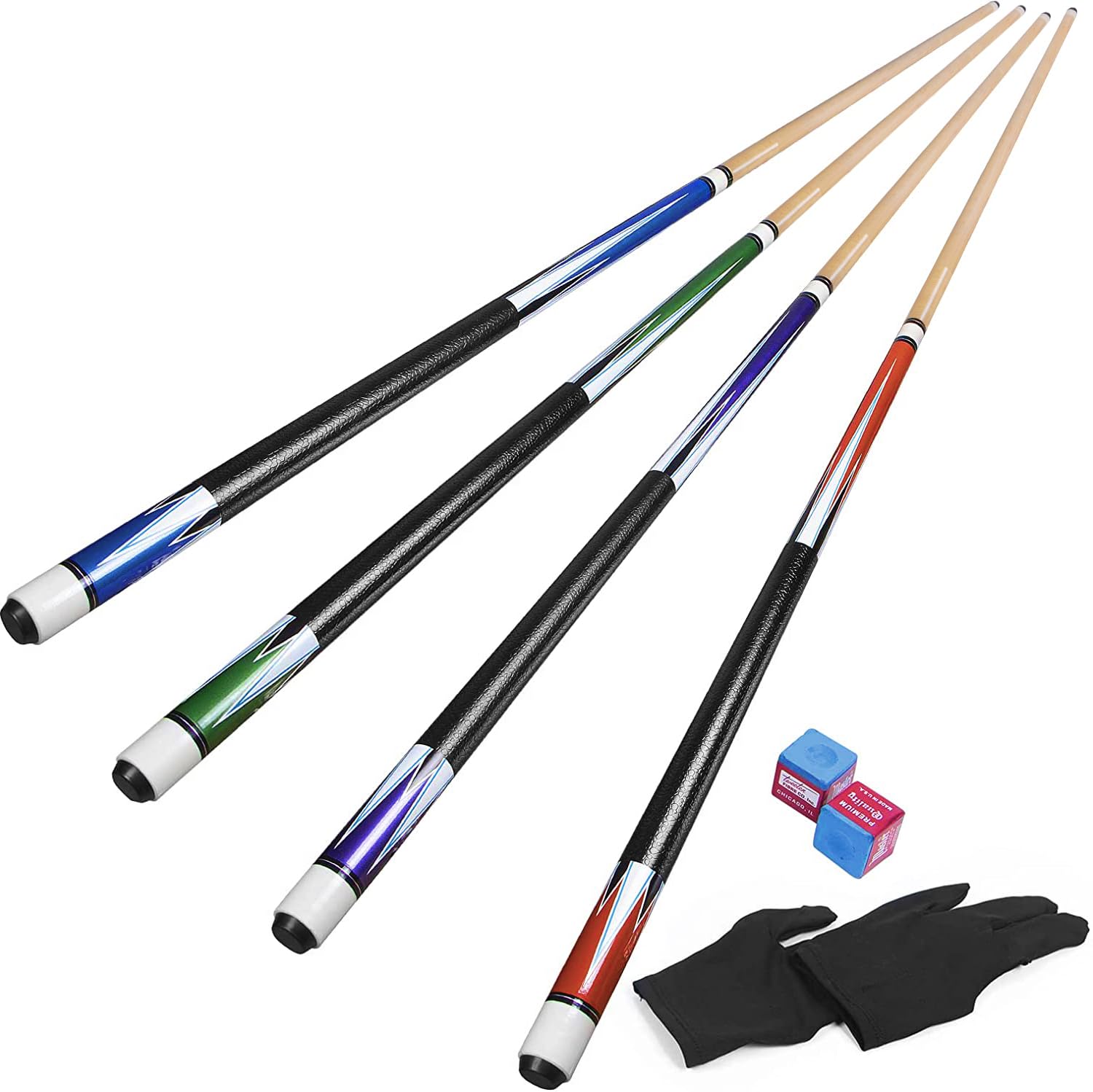 Horse Pool Cue Sticks Set of 4, 58 Inch Billiard Cue Pool Cue Sticks, 13 mm Tips for Billiard Table Sport (4 color set 1)