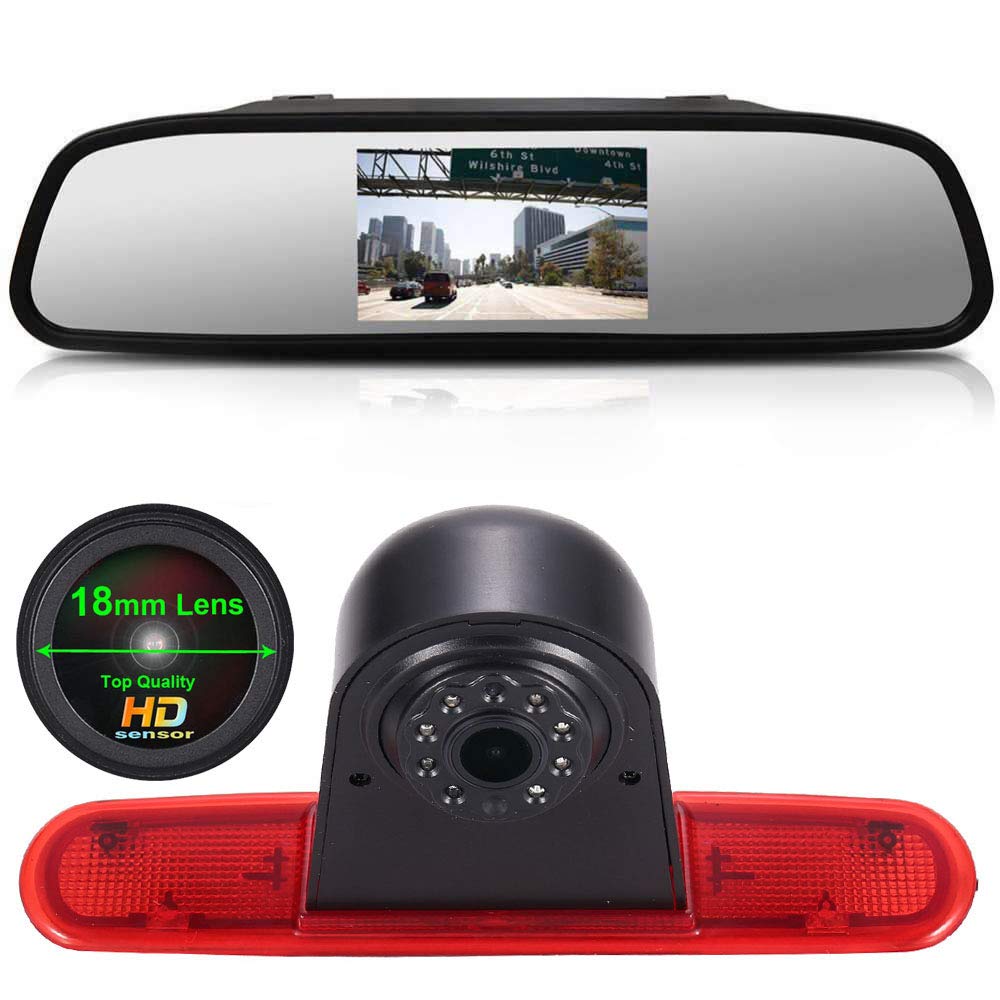 〔18mm Lens Camera + 4.3'' Rearview Mirror〕Car HD waterproof 3rd Brake Light Reverse Camera Kit for Fiat Doblo 263 van (2010-Present)/Opel Combo(2011-2018)