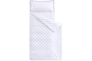 Wake In Cloud - Toddler Nap Mat with Pillow and Blanket, for Kids Boys Girls in Kindergarten Daycare Preschool Pre K, Roll Up Sleeping Bag, Gingham Plaid Grid Checkered, Lilac White, Standard