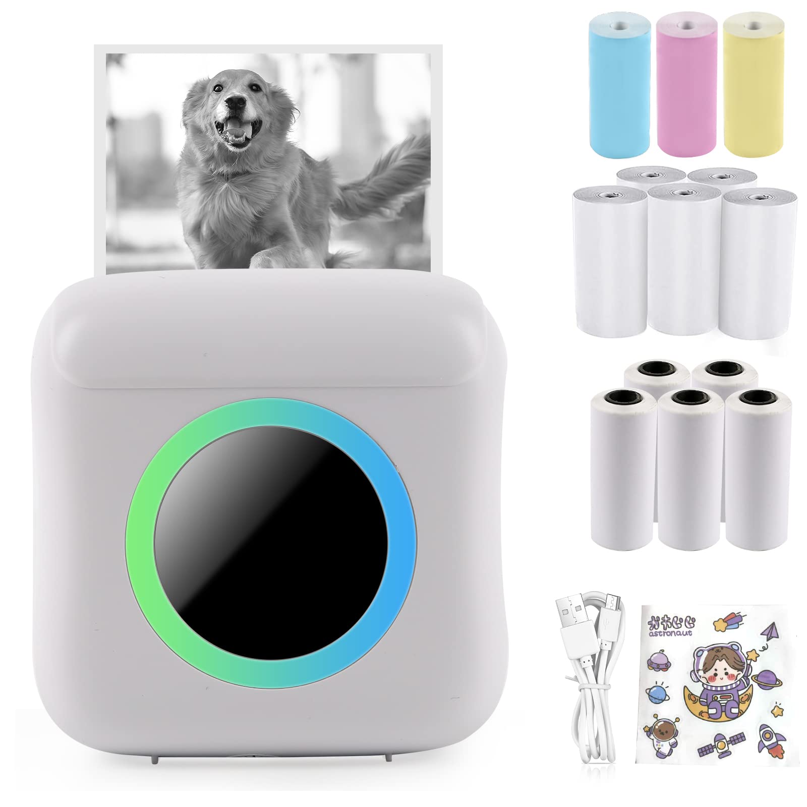 Mini Photo Printer with 7 Colour Light, Portable Thermal Printer Compatible with iOS & Android, USB Rechargeable Pocket Printer with 1 Sticker and 13 Rolls of Printing Paper (White)