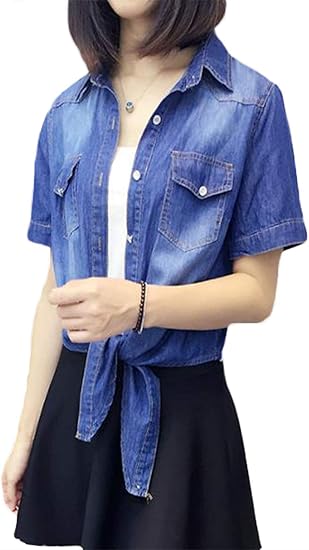 ミリケ 半袖 レディース デニムシャツ 襟付き 綿 トップス ブラウス 夏 薄手 無地 ボタン付き カジュアル ファッション ディープブルー2xl シャツ ブラウス 通販 Amazon