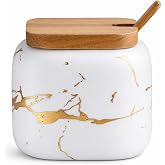 JFFLYIT Marble Ceramics Sugar Bowl Ceramic Seasoning Box Ceramic Spice Jars Porcelain Condiment Pots with Lid and Spoon (White)