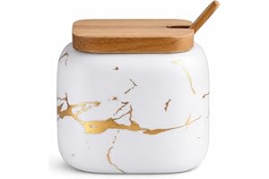 JFFLYIT Marble Ceramics Sugar Bowl Ceramic Seasoning Box Ceramic Spice Jars Porcelain Condiment Pots with Lid and Spoon (White)