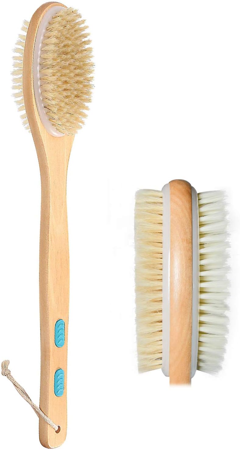 Shower Brush for Wet or Dry Brushing - Wooden Long Handle Double Sided Bath Brush Back Scrubber Skin Exfoliating Kit, Cellulite, Foot Scrub - Natural Bristles and Gentle Massage Nodes