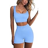 QINSEN Workout Sets for Women 2 Piece Seamless Ribbed Crop Tank High Waist Shorts Yoga Outfits