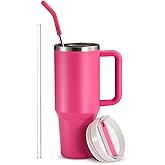 KooK Stainless Steel Tumbler, with Straw and Handle, Leakproof, Vacuum Insulated Travel Coffee Mug, Reusable Double Walled Water Bottle, Keeps Hot or Cold, 40 oz, Bubblegum Pink