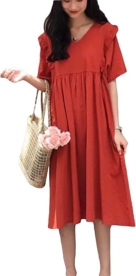 Amazon Beibang バイバン ワンピース レディース 半袖 Vネック 着痩せ ロングワンピース 膝丈 韓国 ゆったり チュニック ファッション 大きいサイズ 夏 リゾート おしゃれ オレンジ ワンピース チュニック 通販