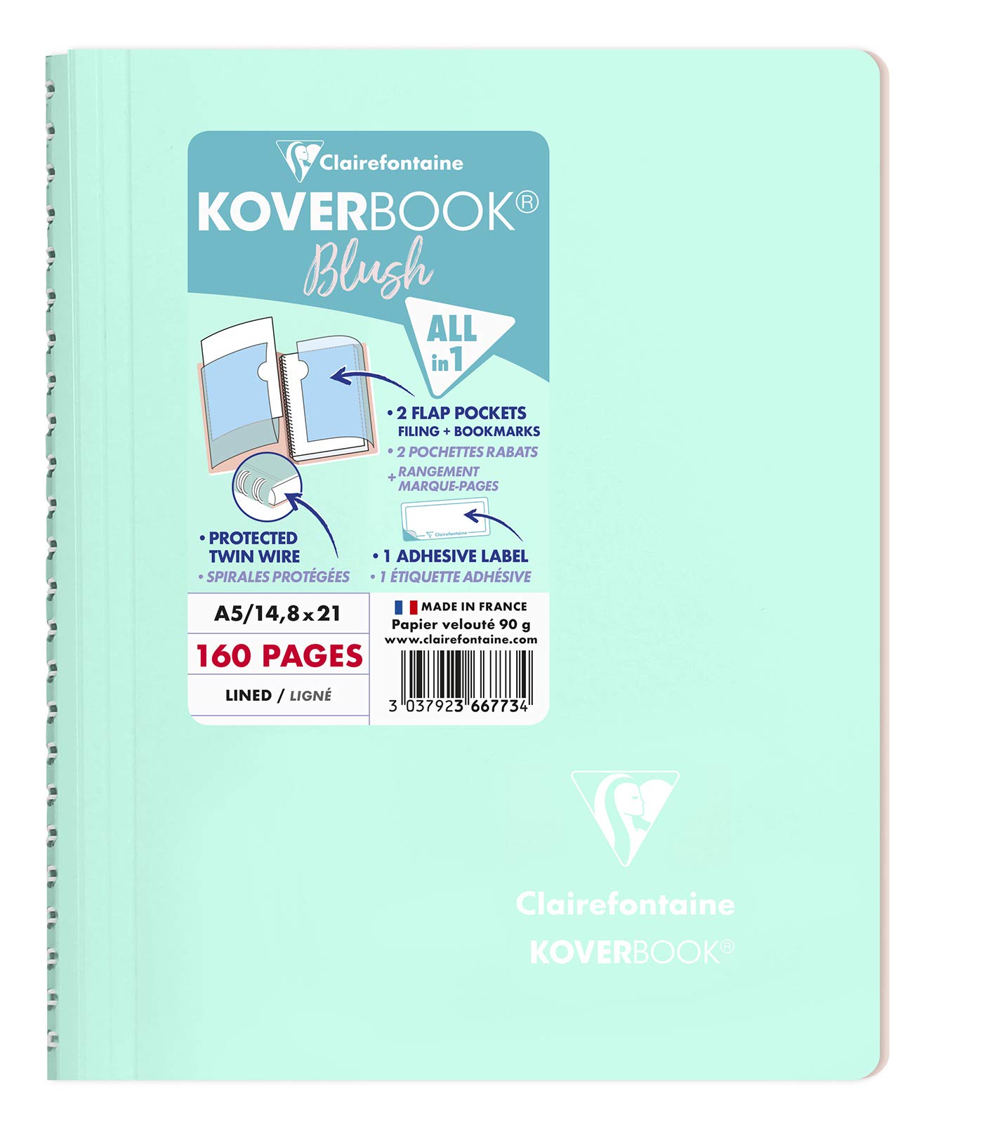 Clairefontaine 366773C - One Spiral Notebook Koverbook Blush Water Mint - A5 14,8x21 cm - 160 Lined Pages - White Paper 90 g - Polypro Enveloppante Cover