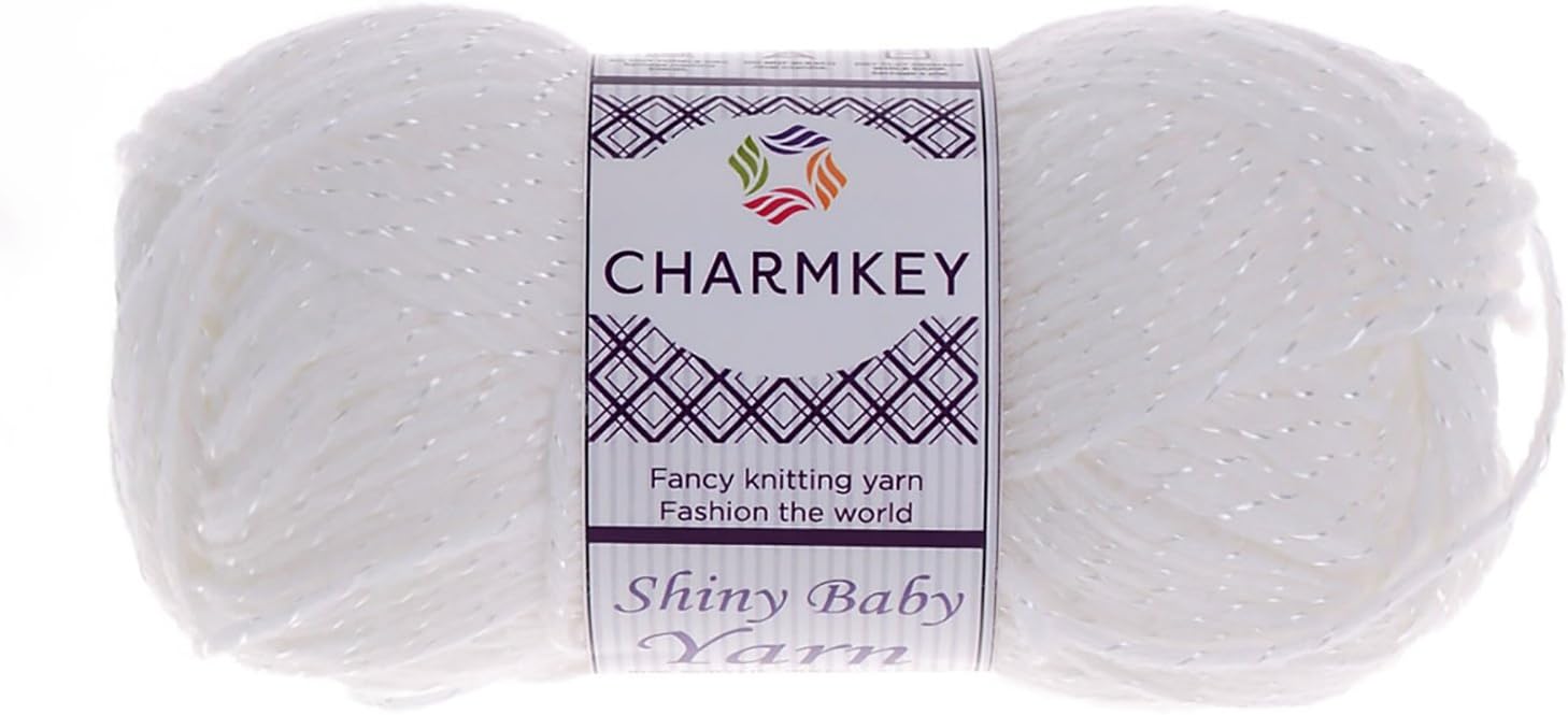 Charmkey Shiny Baby Yarn Natural Comfortable 2 Fine Sport Twinkle Polyester Acrylic Blend 3 Ply Sparkle Holiday Knitting Yarn for Mermaid Tail Blanket, 1 Skein, 1.41 Ounce (Bright White)