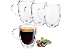 LYTDMSKY Double Walled Coffee Mug, Clear Coffee Mugs, 12oz Glass Coffee Cup with Handle, 350ml Cappuccino Cup, Latte Cups, 4 