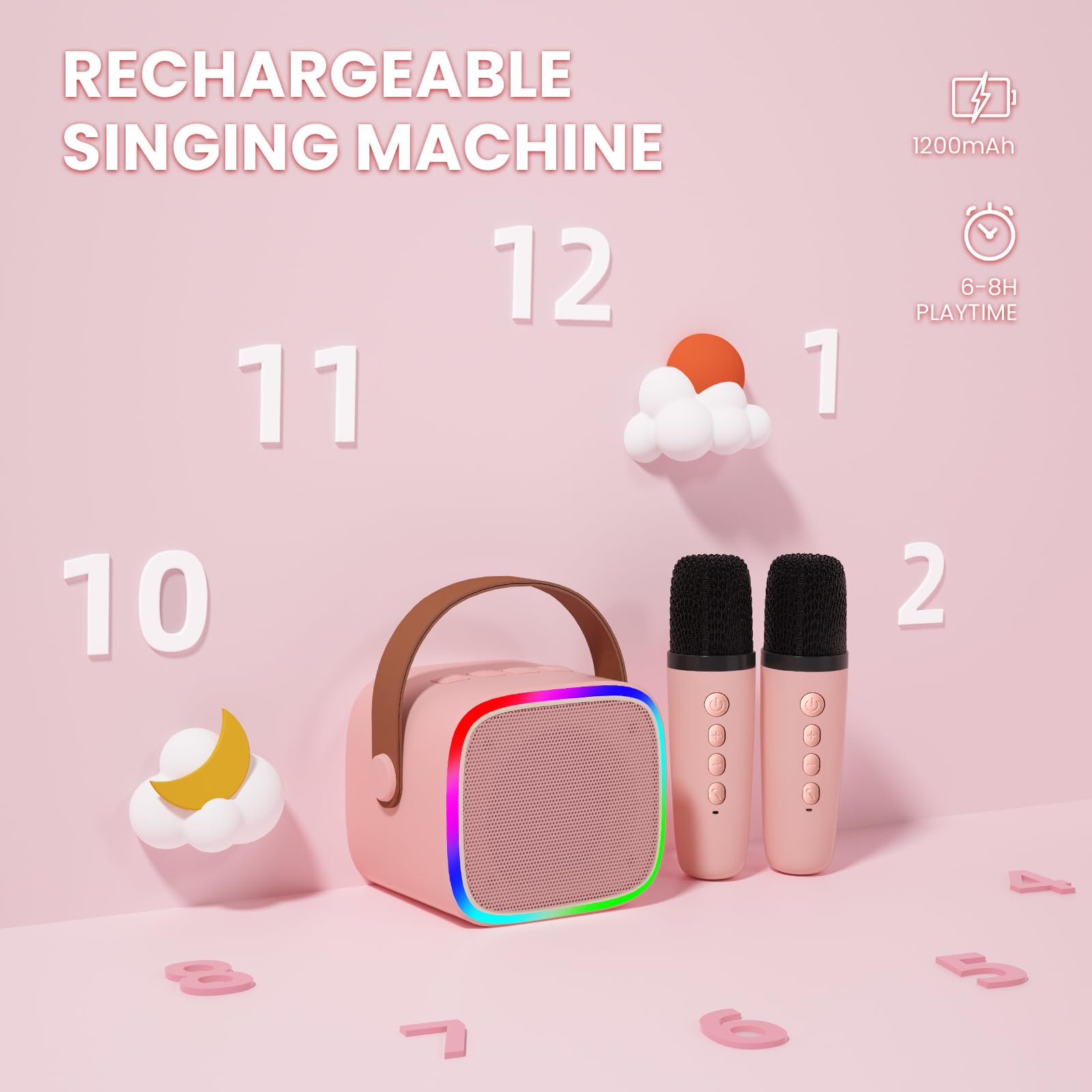 BONAOK Microphone Karaoke Machine 2 Microphones, Bluetooth Karaoke Machines for Children Adults, Portable Karaoke Player Microphone for Charging, Children's Electronic Toy (Pink)