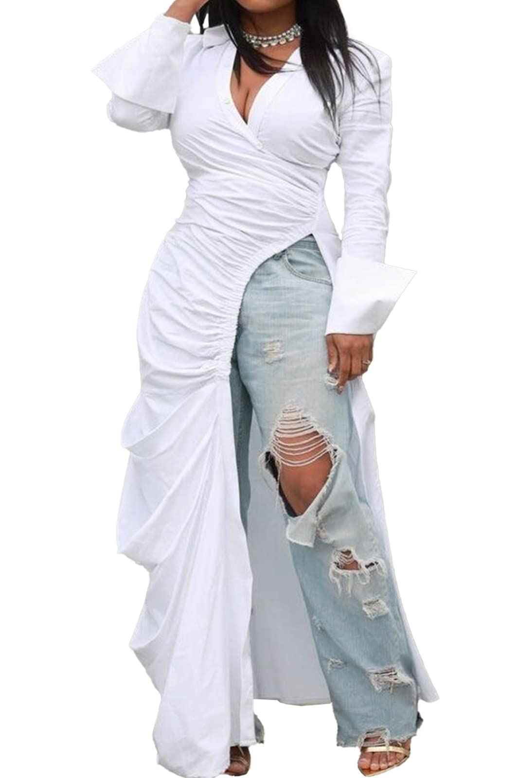 Photo 1 of **ONE SLEEVE HAS SPOTS ON IT**Women's Deep V Neck Ruched Long Sleeve Side Split High Low Irregular Hem Top Tunic Blouse Long Shirt Dress Large White SIZE LARGE