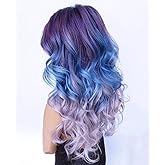 Swiking Purple Long Curly Ombre Wigs for Women Purple Mixed Blue Wavy Synthetic Hair Colorful Cosplay Halloween Costume Wigs
