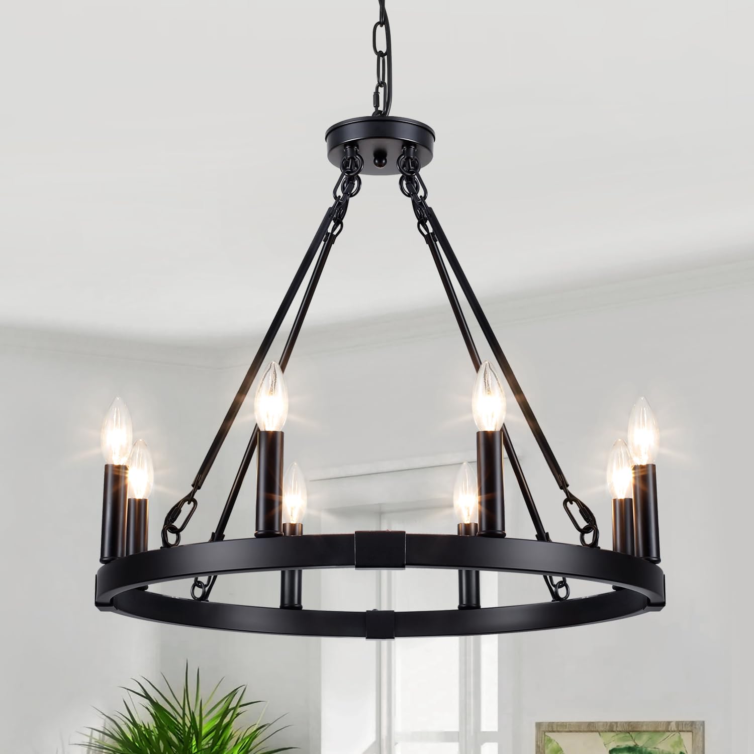 Photo 1 of 24" Wagon Wheel Chandelier, 8-Light Black Farmhouse Chandelier for Dining Room Light Fixtures Over Table, Metal Round Industrial Chandeliers for Kitchen Island Living Room Foyer Entryway Staircase