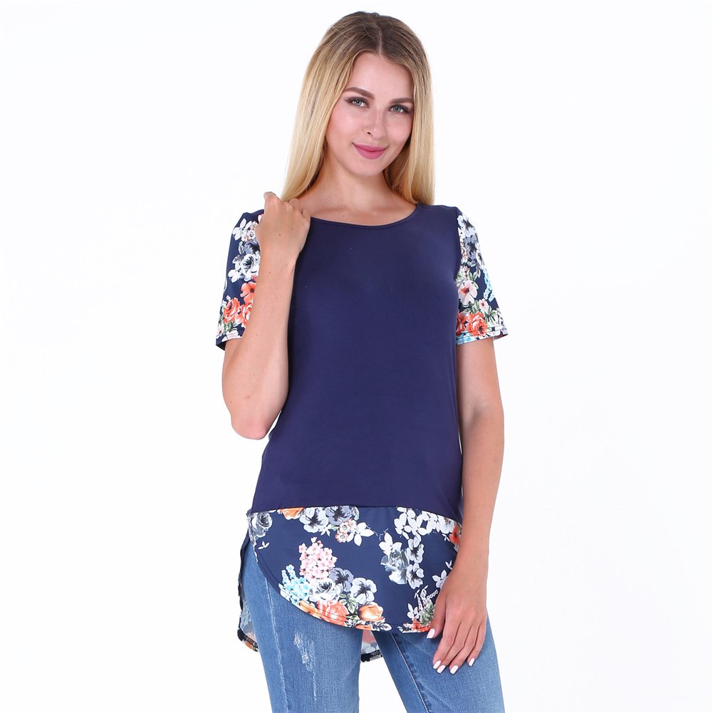 Pullover Casual Tees T-Shirt Floral Printed Tunic Tank Tops for Women Navy Blue Plus Size