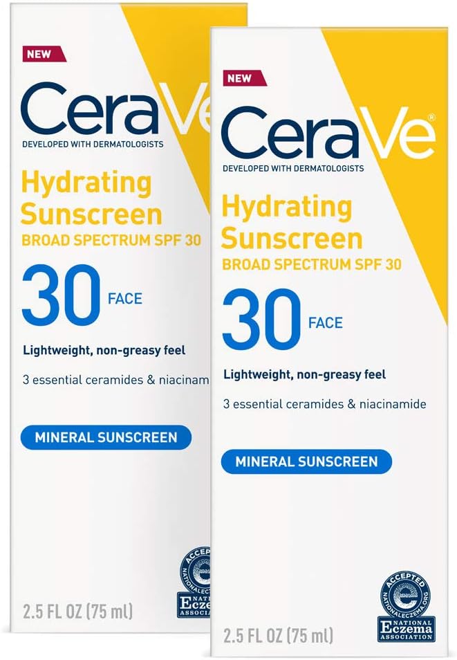 CeraVe 100% Mineral Sunscreen SPF 30 | Face Sunscreen With Zinc oxide & Titanium Dioxide for Sensitive Skin | 2.5 Fl Oz, Pack Of 2