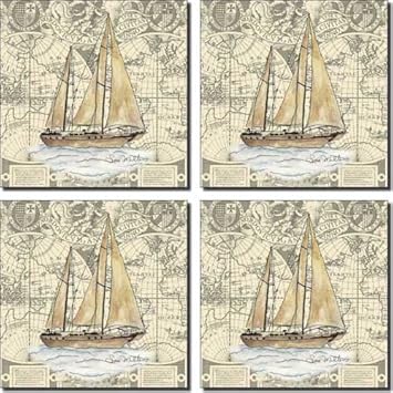 Nautical Boat By Sara Mullen Ceramic Accent Tile Set 4 25 X