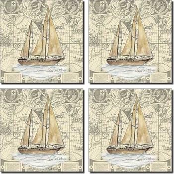 Nautical Boat By Sara Mullen Ceramic Accent Tile Set 4 25 X