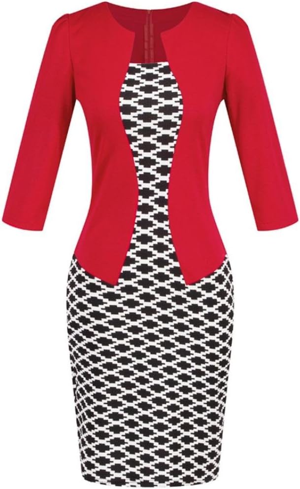 Tsmile Women Colorblock Plaid Wear To Work Party Bodycon One-Piece Dress