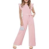 Yoklass Jumpsuit for Girls Casual Cap Sleeve Romper Belted Wide Leg One Piece Outfit
