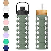 MUKOKO 24oz Glass Water Bottle with 2 Lids-Handle Flip Lid&Bamboo Straw Lid,Motivational Water Tumbler with Time Marker Reminder and Silicone Sleeve, Leakproof-Olive