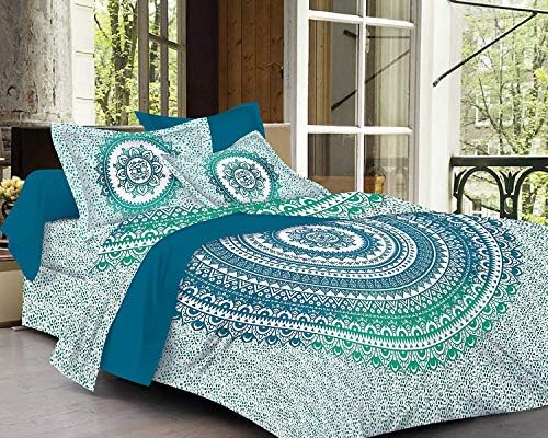 Fabsom Traditional Ombre Mandala Printed 144 TC Cotton Single Bedsheet with 1 Pillow Cover - Floral, Sea Green