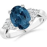 Angara Natural London Blue Topaz Ring for Women | Oval London Blue Topaz Cocktail Ring with Trio Diamonds in 14K Solid Gold/Platinum | December Birthday, Gemstone Jewellery Gift