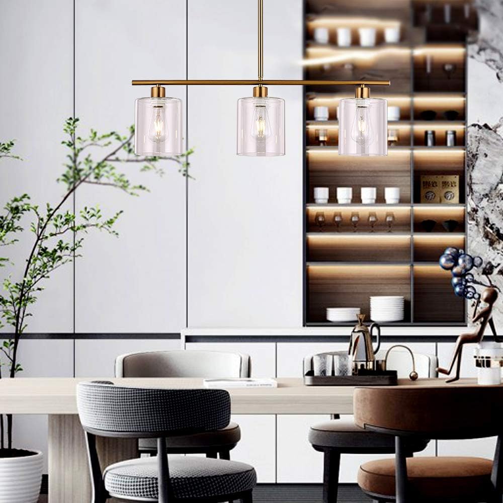 XILICON Kitchen Island Lighting Chandelier Light Fixture for Dining Room Hanging Brushed Brass 3 Light Pendant Light Contemporary with Glass Shade for Living Dining Room Bedroom - - 