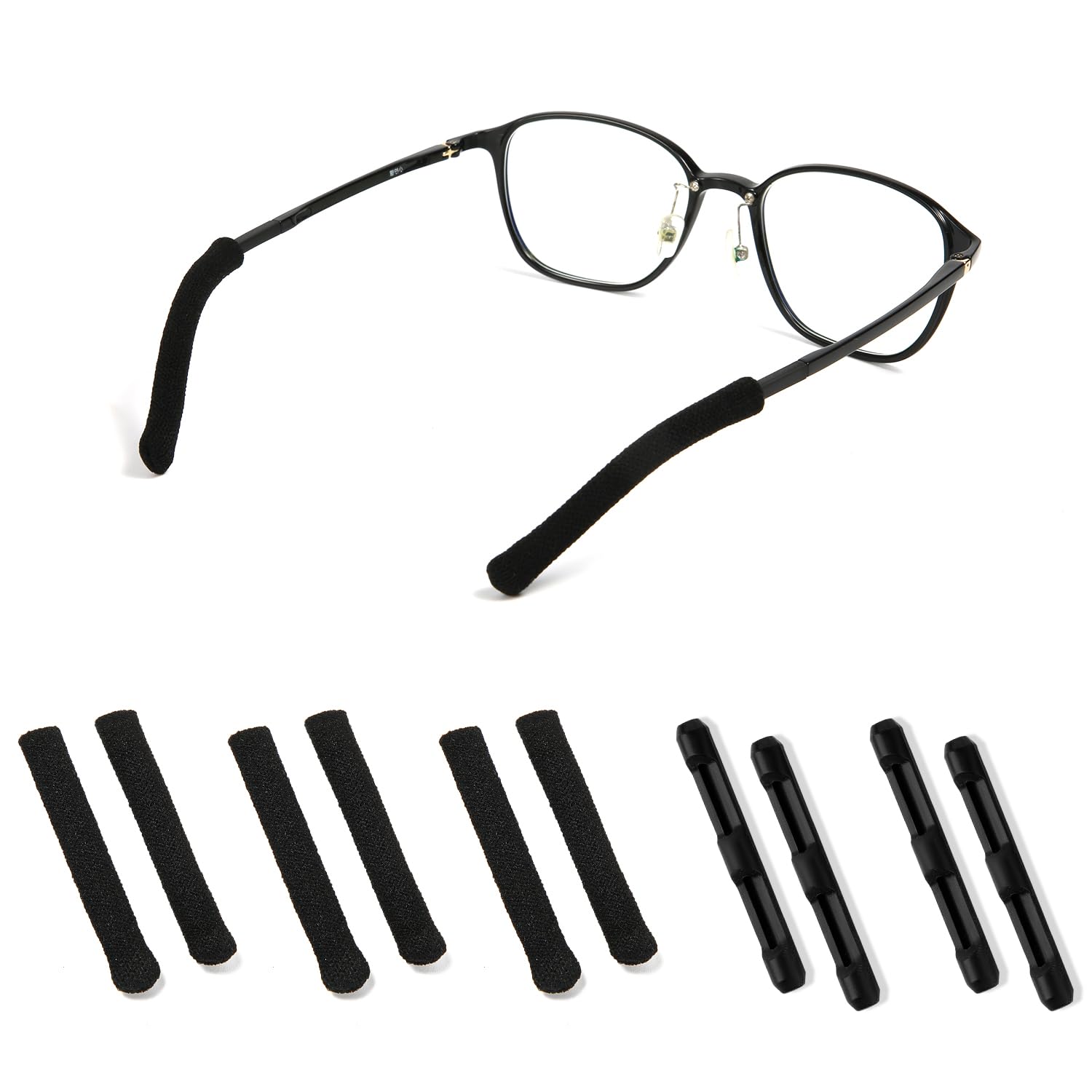 5 Pairs Eyeglass Ear Cushions, Knitted Glasses Arm Cover & Silicone Temple Covers, Anti-Slip Eyeglass Temple Pads Glasses Arm Sleeves for Sunglasses Glasses Reading Glasses (Black)