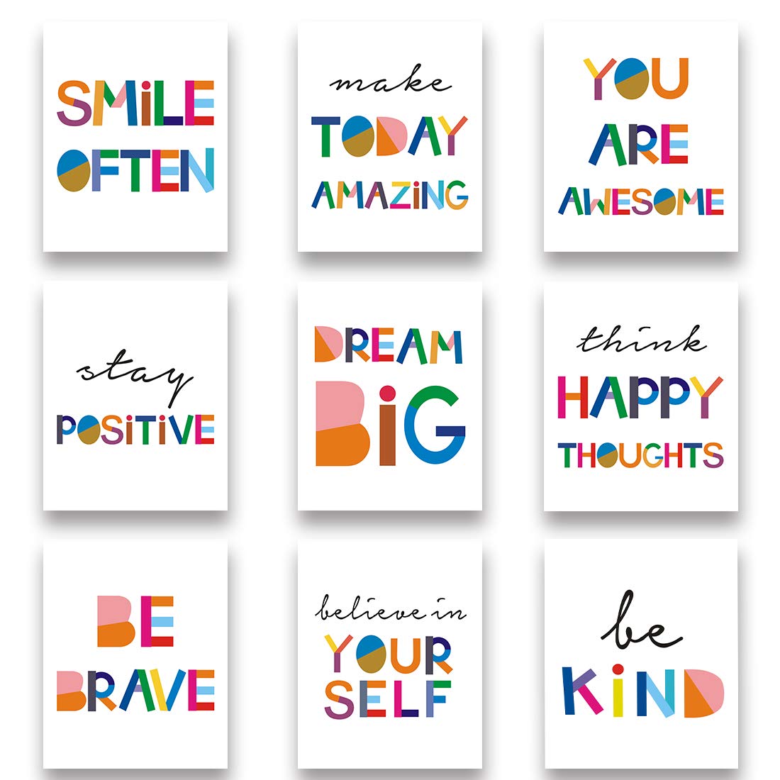 HPNIUB Watercolour Words Inspirational Quote Kids Wall Art Typography Wall Art Set of 9 (8”X10”) Canvas Painting,Motivational Poster Be Kind For Nursery or Kids Room Home Reading Corner Decorations