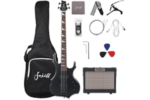 Fojill Cool Shape Full Size Electric Bass Guitar 10W Battery Power Bluetooth Amplifier Amp Beginner Starter Kit Set Combo Bundle Accessory Gig Bag,Picks,Capo,Noiselss Cable,Strings (Metallic Black)