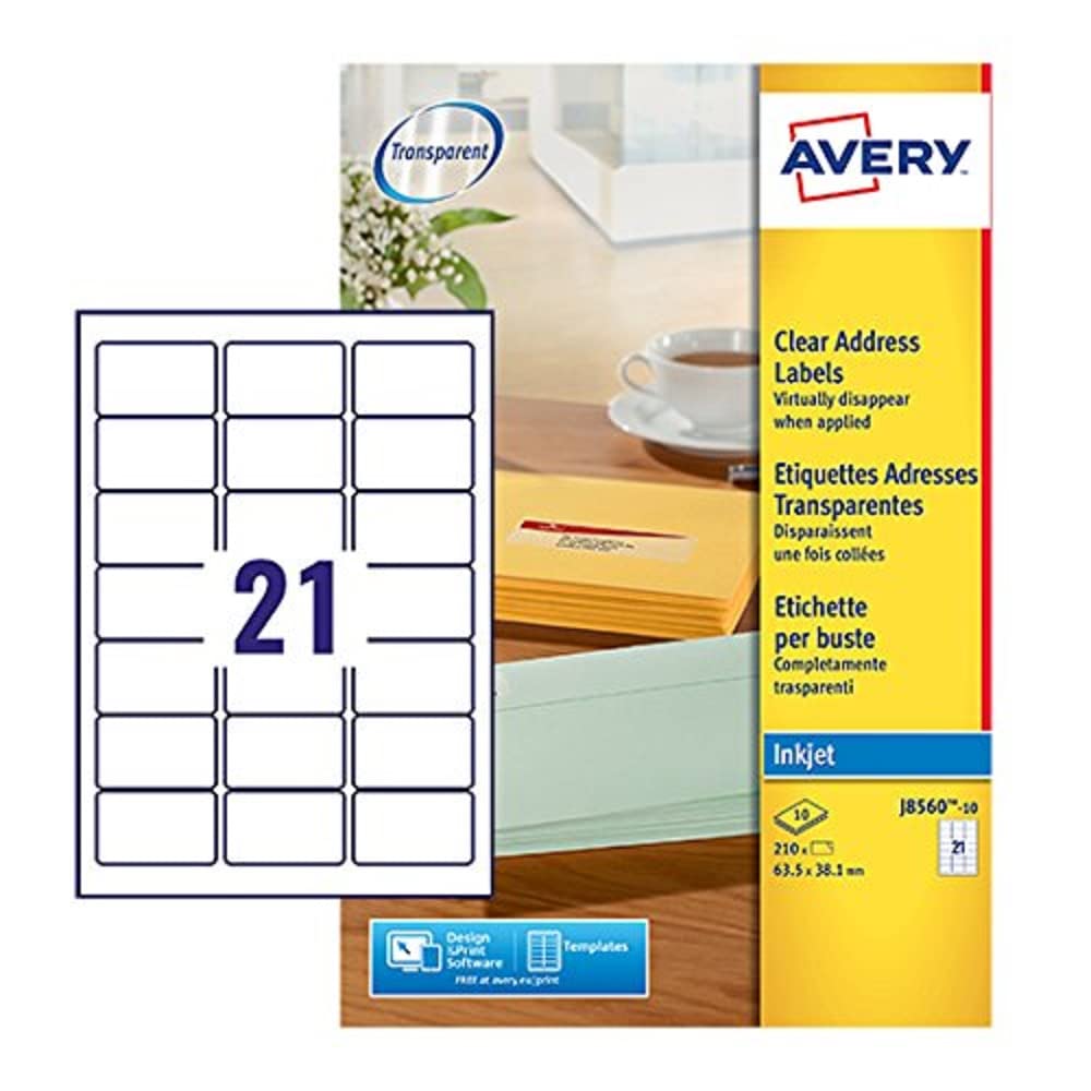 Avery Clear, Transparent, Printable, Address Labels, 63.5 x 38.1 mm, Clear, See-Through 21 Labels per Sheet, 210 Blank Labels per Pack (J8560-10)