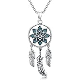 Nature Turquoise Feather Dream Catcher Necklace for Women 925 Sterling Silver Bohemian Dream Catcher Pendant Retro Western Jewelry Gifts for Birthday