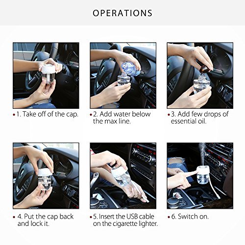 USB Car Diffuser, Homecube Ultrasonic Cool Mist Humidifier Car Air Freshener with 360°Rotation Micro Cable and 7 Color LED Lights for Office Home Vehicle Travel (white)