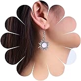 Erimberate Bohemian Moon Sun Dangle Earrings Silver Gemstone Crescent Drop Earrings Moonstone Sunburst Hook Earrings Asymmetrical Moon and Sun Earrings Jewelry for Women Gifts