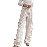 Y2K Gingham Pants for Women Bow Tie Side Slit Wide Leg Lounge Bottom Plaid Checkered Loose Fit Going Out Pants