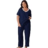 Givtzzod Plus Size Women Pajama Sets Short Sleeve Long Pants Solid Color Sleepwear V Neck Casual Lounge Sets Nighty