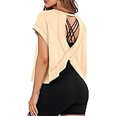 MIHOLL Womens Oversized Workout Crop Tops Open Back Casual Short Sleeve Crew Neck Cotton Loose Boxy Tshirts
