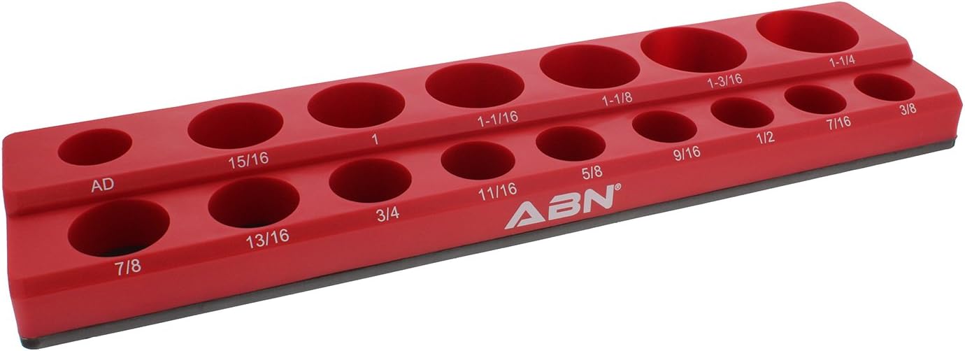 ABN Magnetic Socket Organizer Tray – SAE Standard 1/2in Socket Holder Magnetic Tool Organizer 16 Slot Red Holder